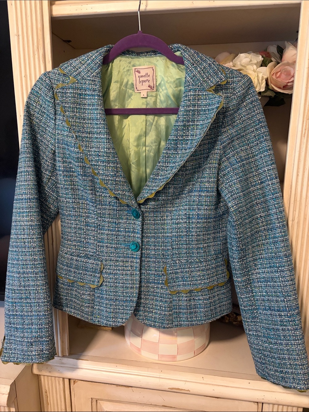 Nanette Lepore Teal Tweed Ruffle-Trim Blazer